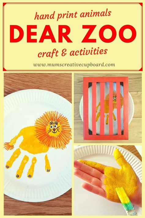 These hand print animals for toddlers based on the story Dear Zoo make for a great toddler craft at home with little ones who love Dear Zoo. Each animal handprint art is detailed in this post with Dear Zoo Activity Ideas for toddlers and preschool learning. This paper plate craft for kids makes super fun preschool story sequencing activities too. Have a go at this handprint craft at home with your toddler! #dearzooactivities #handprintanimals #paperplatecrafts Dear Zoo Craft, Dear Zoo Activities Eyfs, Rbt Resources, Dear Zoo Book, Dear Zoo Activities, Zoo Activities Preschool, Hand Print Animals, Storybook Crafts, Toddler Storytime