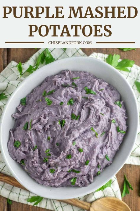 These purple mashed potatoes are creamy, buttery and most importantly a beautiful color purple, making them the star side dish of any meal. #purplemashedpotatoes #mashedpotatoes #sidedish | chiselandfork.com Green Chili Chicken Enchilada Soup, Chili Chicken Enchilada Soup, Purple Mashed Potatoes, Chili's Chicken Enchilada Soup, Truffle Mashed Potatoes, Green Chili Chicken Enchiladas, Chicken Enchilada Soup Recipes, Enchilada Soup Recipe, Cranberry Mimosa