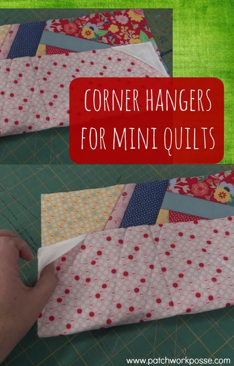 Corner hangers for mini quilts. This is so handy and such a great idea! I have a few quilts that need to be hung and this will work! Fabric Wall Hanging Diy Mini Quilts, Quilt Hangers, Fabric Crafts Diy, Hanging Quilts, Fabric Wall Hanging, Diy Baby Shower Gifts, Miniature Quilts, Diy Quilt, Quilted Wall Hangings