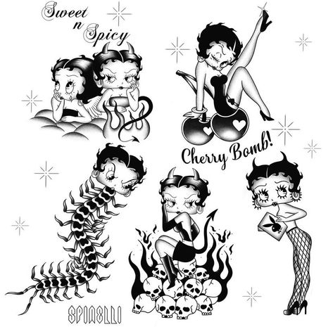 Bettie Boop Tattoo, Betty Boop Tattoo Stencil, Betty Boop Angel Tattoo, Betty Boop Tattoo Vintage, Tattoos Betty Boop, Cartoon Flash Tattoo, Betty Boop Tattoo Ideas, Betty Boop Wallpapers, Betty Boop Aesthetic