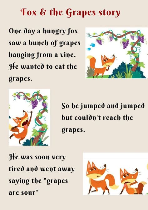 The Fox And The Grapes Story, Rhyming Poems For Kids, Picture Story For Kids, Short Story For Kids, English Story Books, Stories With Moral Lessons, English Moral Stories, Moral Stories In Hindi, Short Moral Stories