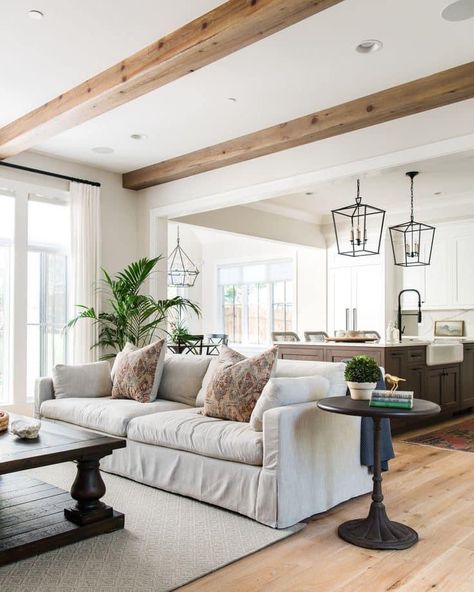 Wood Beam Living Room Ceiling, Beams In Small Living Room, Inset Ceiling With Beams, Family Room Wood Beams, Beams With Recessed Lighting, Wood Beams On Non Vaulted Ceiling, Living Room Ceiling With Beams, Ceiling Beams In Open Floor Plan, Wood Beam Family Room