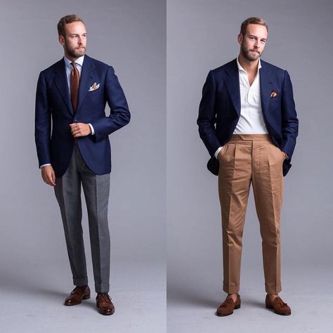 Andreas Weinås on Instagram: “The Navy Blazer - Probably the most versatile garment in menswear. Worn here with Grey Fresco trousers, shirt and tie for a semi formal…” Navy Sports Coat Outfit Men, Sports Coat Outfit Men, Navy Blue Blazer Outfit, Sport Coat Outfit, Navy Sport Coat, Blue Sport Coat, Sneakers Outfit Men, Light Grey Suits, Coat Outfit