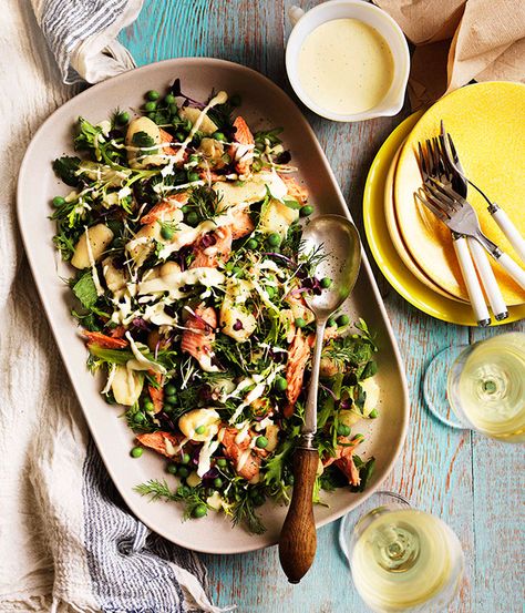 Smoked rainbow trout with soft herbs and lemon salad cream - Gourmet Traveller Trout Salad, Smoked Trout Recipe, Smoked Trout Salad, Exciting Salads, Lemon Salad, Salad Cream, Trout Recipes, Smoked Trout, Herb Salad