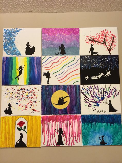 My Disney melted crayon canvases #disney Melted Crayon Canvas, Crayon Canvas, Crayon Art Diy, Fantasy Angel, Melted Crayon Art, Crayon Crafts, Disney Canvas, Disney Paintings, Crayon Art Melted