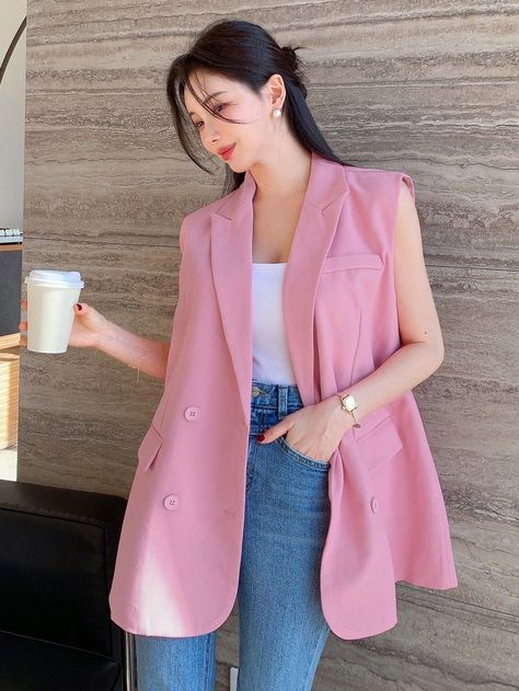 Rosa Elegante Collar sin mangas Tela tricotada Liso Chaleco Embellished No-Elástico Primavera/Otoño Business Casual Women, Loose Suit, Women Blazers, Sleeveless Blazer, Womens Business Casual, Blazer Outfits, Spring 2024, Kids Beachwear, Blazers For Women