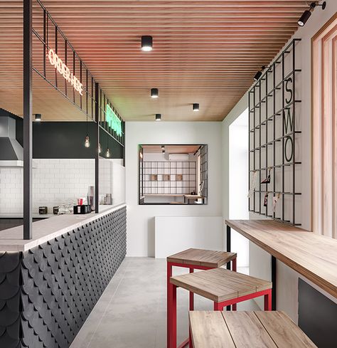 SUSHI WOK OUT (japanese restaurant) on Behance Sushi Bar Design, Asian Bar, Sushi Take Out, Sushi Cafe, Sushi Counter, Sushi Shop, Sushi Design, Small Restaurant, Sushi Restaurants