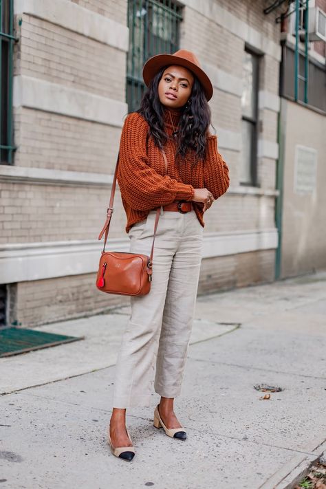 Rust Mock Turtleneck Outfit, Monroe Steele, Mustard Outfits, Beige Linen Pants, Pairing Ideas, Dots Outfit, Artist Ideas, Color Outfits, Color Combos Outfit