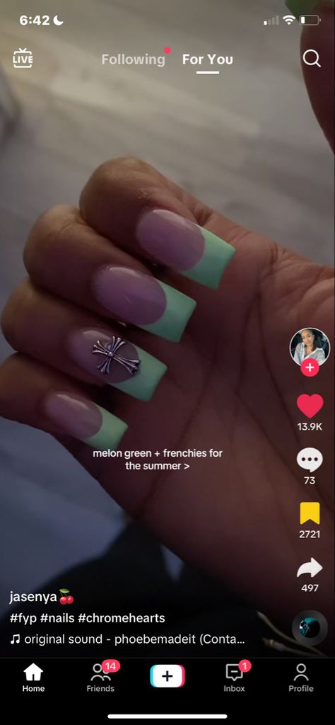 Melon Green Nails, Mint French Tip Nails, Green French, Green Chrome, Tip Nails, Pretty Braided Hairstyles, French Tip Nails, Chrome Hearts, Green Nails