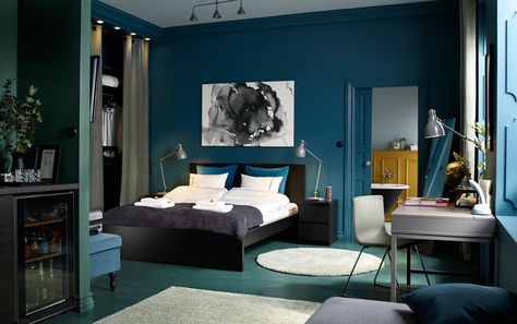 A medium sized bedroom furnished with a black-brown bed for two combined with chest of drawers used as bedside tables. Ikea Bedroom Design, Bedroom Ideas For Guys, Unique Bedroom Ideas, Mens Room Decor, Design Ložnic, Cool Room Designs, Bedroom Color Combination, Teal Bedroom, Cool Room Decor