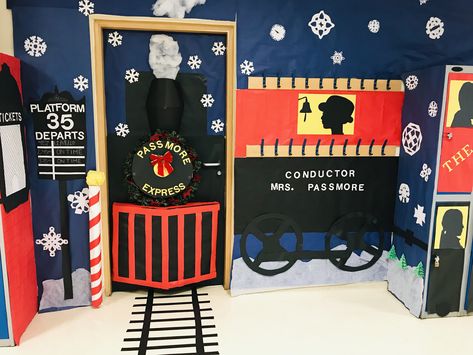 I love decorating my classroom door for the holiday season! My students do most of the work and they just love getting in the holiday spirit! The Passmore (Polar) Express was so much fun to make. Students traced their own silhouettes and I think they're the cutest! #classroomdoor #doordecoratingcontest #christmas #elementaryteacher #christmasclassroom #classroomdecor #polarexpress #hogwartsexpress Polar Express Train Door Decorations, Christmas Movie Theme Door Decorations, Polar Express Train Door, Christmas Around The World Classroom Door, Polar Express Ideas For School, Christmas Door Decorating Contest Polar Express, Polar Express Classroom Door Ideas, The Polar Express Door Decoration, Christmas Door With Window Decorating Contest