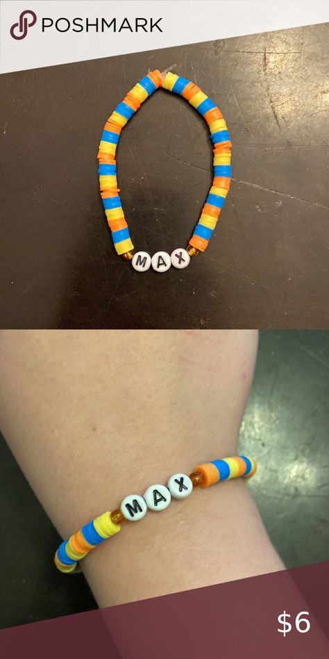 Stranger things clay bead bracelet that says “max” Turquoise Clay Bead Bracelet, Bracelet Ideas Stranger Things, Stranger Things Clay Bead Bracelets, Hhn Bracelets, Stranger Things Clay, Stranger Things Bracelet Ideas, Stranger Things Bracelet, Bracelet Ideas Clay Beads, Stranger Things Jewelry