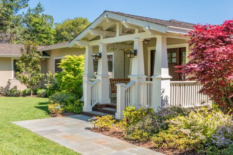 Craftsman Style Homes Front Porch, Craftsman Style Front Porch Decor, Adding Porch To Front Of House, Craftsman Front Porch Decor, Front Porch Add On, Craftsman Portico, Ranch To Craftsman, Front Porch Bungalow, Craftsman Porch Railing