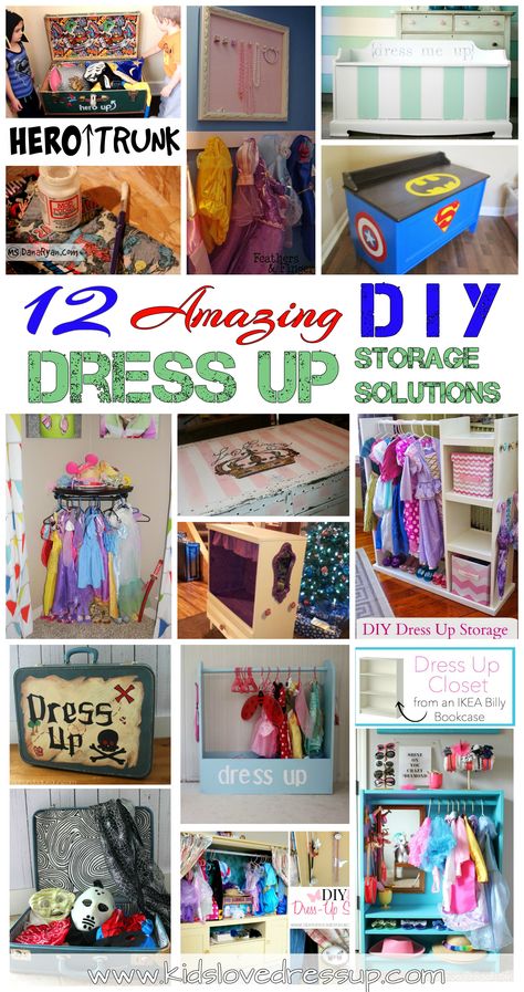 12 Amazing Dress Up Storage Solutions! Blog post at www.kidslovedressup.com Dress Up Storage Diy, Diy Dress Up Storage, Dress Up Storage Ideas, Simple Diy Costumes, Dressing Up Storage Kids, Dress Up Clothes Storage, Diy Costumes For Kids, Homemade Costumes For Kids, Room Organizing Ideas