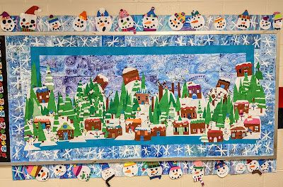 Winter Scene Bulletin Board Ideas, Christmas Village Bulletin Board, Collaborative Bulletin Board, Bulletin Board Christmas, Colour House, Winter Bulletin Board, Art Bulletin Boards, Winter Bulletin, Victoria Art