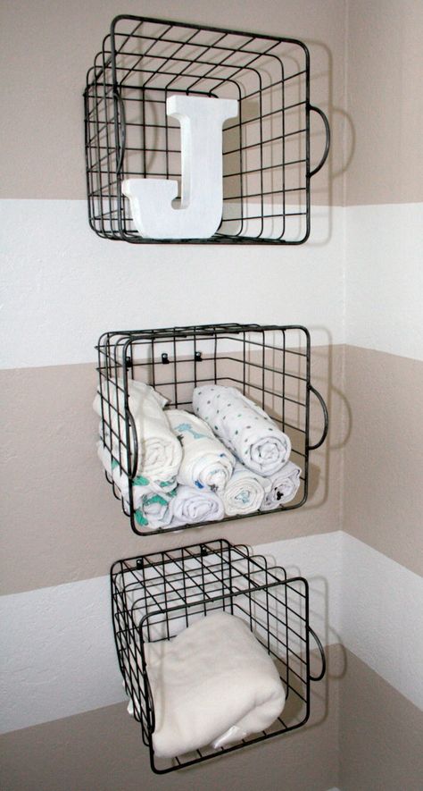 Project Nursery - Striped Beige Nursery Storage Caddys Nursery Ideas Boy, Baby Nursery Organization, Baby Storage, Baby Clothes Organization, Diy Bebe, Nursery Organization, Nursery Storage, In The Corner, Blanket Storage