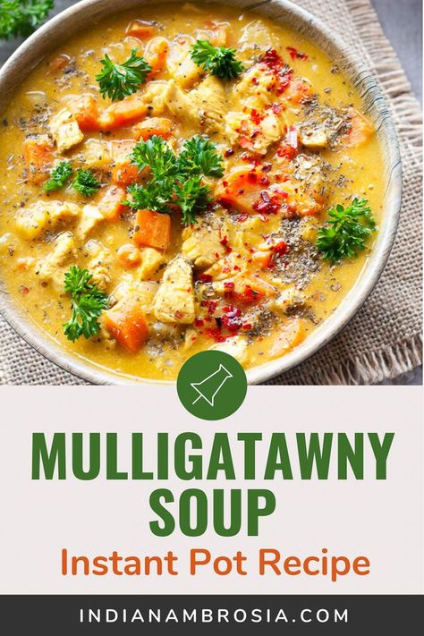 Warming Mulligatawny soup is an easy Indian curry soup made with apples, chicken, vegetables and broth. Coconut cream and red lentils make it extra creamy and delicious. A healthy, gluten-free recipe, it only takes 30 minutes in the instant pot! #mulligatawny #souprecipes #instantpotsoup #chickensoup #easysoup #glutenfreesoup Easy Indian Curry, Mulligatawny Soup, Indian Soup, One Pot Vegetarian, Vegetarian Soup Recipes, Red Lentils, Curry Soup, Best Soup Recipes, Red Lentil Soup