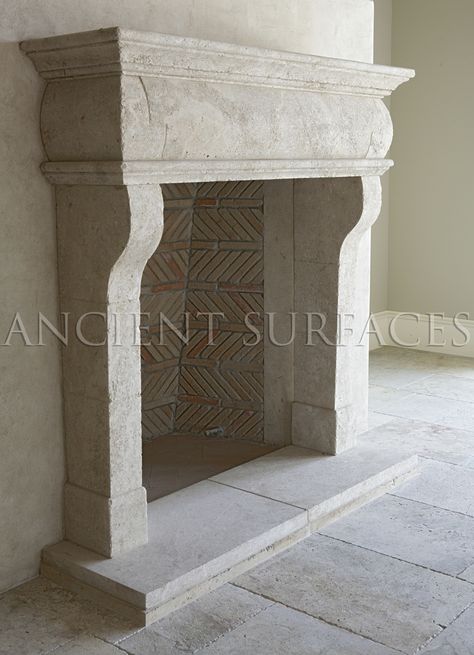 This Italian countryside fireplace was hand carved out of hard limestone installed with an interesting herringbone firebox and running bond brick lines. Gothic Fireplace, Carved Stone Fireplace, Carved Fireplace, Living Room New York, French Fireplace, Limestone Fireplace, Candles In Fireplace, Old Fireplace, Farmhouse Fireplace