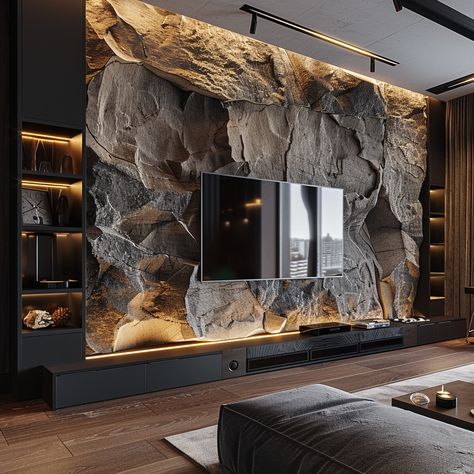 Tv Wall Design Luxury, Luxury Tv Wall, Stone Walls Interior, Tv Unit Design Modern, Stone Wall Design, Earthy Home, Tv Room Design, Ceiling Design Bedroom, Smart Home Design