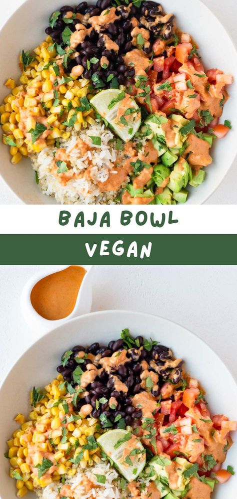 This 20-minute vegan Baja Bowl recipe is healthy, easy, and packed with flavor. It's a combination of quinoa rice, black beans, sweet corn, tomato, and avocado with a creamy mayo-free chipotle dressing. Make this budget-friendly plant-based dinner your go-to weeknight dinner! Vegan Southwest Bowl, Chickpea & Quinoa Bowl With Roasted Red Pepper Sauce, Plant Based Bowl Recipes, Plant Based Whole Food Recipes, Baja Bowl, Rice Bowls Vegetarian, Healthy Bowls Clean Eating, Quinoa Bowl Recipes, Bowl Dinners