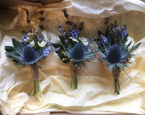 Thistle Flower Arrangement, Thistle Wedding Flowers, Thistle Bouquet Wedding, Thistle Boutonniere, Thistle Bouquet, Scottish Flowers, Thistle Wedding, Button Holes Wedding, Purple Wedding Bouquets