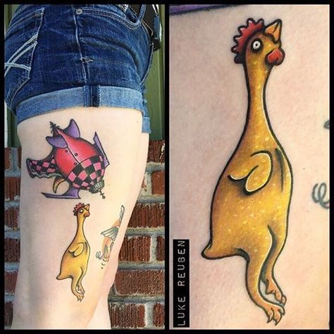 Chicken Run Tattoo, Chicken Print Tattoo, Rubber Chicken Tattoo, American Traditional Chicken Tattoo, Chicken And Chicks Tattoo, Chicken Tattoo, Rubber Chicken, Capricorn Personality, Tatting