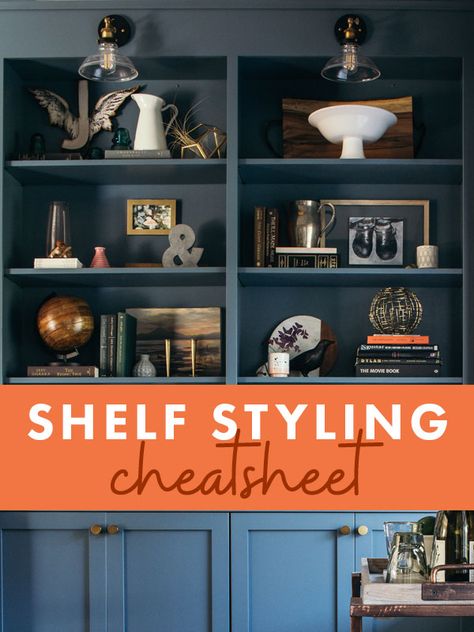 Blue Bookshelf Decor, Decorating A Built In Bookshelf, Staging Office Shelves, How To Decorate Entertainment Shelves, How To Decorate A Shelving Unit, How To Arrange A Bookshelf Bookcase Styling, Decorate Black Bookcase, How To Decorate Black Shelves, How To Decorate A Large Bookshelf