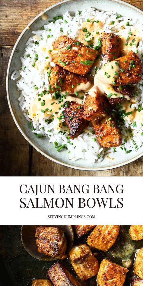 Cajun Bang Bang Salmon Bowls - Serving Dumplings Cajun Bang Bang Salmon Bites, Fish And Veggie Recipes, Cajun Meals, Serving Dumplings, Bang Bang Salmon, Pescatarian Lifestyle, Asian Cusine, Grain Dishes, Meatless Dinners