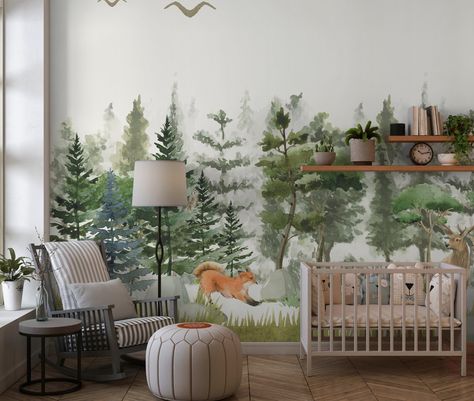 Forest Murals, Evergreen Wall, Candy Stripe Wallpaper, Daydream Wallpaper, Woodland Mural, Room Watercolor, Safari Wallpaper, Forest Mural, Peel And Stick Wall Mural