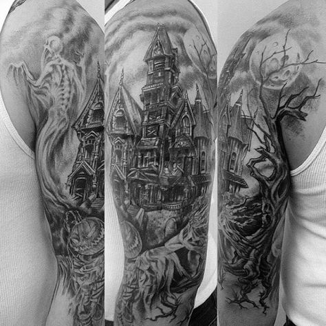 60 Haunted House Tattoo Designs For Men – Spooky Spot Ink Ideas Haunted Tattoo, Haunted Mansion Tattoo, Haunted House Tattoo, Halloween Tattoos Sleeve, Spiderman Far From Home, House Tattoo, Scary Haunted House, Castle Tattoo, Blackout Tattoo