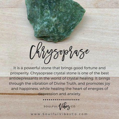 💙💚Chrysoprase is a powerful stone. It is said to bring good fortune and prosperity, as well as business success. It facilitates self-expression, courage, hope, and the ability to use them wisely.  - It can bring happiness, which is partly because it helps its wearer get rid of negative thoughts and irritability. It also enhances and strengthens friendships. Chrysoprase is a stone of balance that equalize yin/yang energies and allows deep meditation. Fake Crystals, May Zodiac, Crystal Tips, Therapy Healing, Altar Ideas, Crystals Healing Properties, Spiritual Crystals, Deep Meditation, Crystals Healing