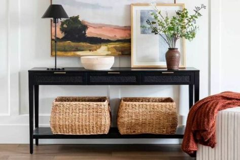 We’ve narrowed down the most stylish console tables on the market to make your search easier. Black Console Table Decor, Spears Design, Studio Mcgee Target, Console Table Styling, Black Console Table, Console Table Decorating, Metal Console Table, Black Console, Cube Ottoman