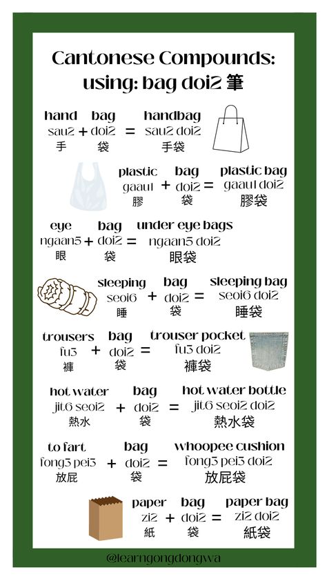 Cantonese Compounds using bag doi2 袋. #learncantonese #cantonese #cantoneselearning #cantonesevocab #languagelearning #compoundwords #vocab #learngongdongwa Cantonese Language, Learn Cantonese, Learning Chinese, Learn Languages, Chinese Mandarin, Compound Words, World Languages, Learn Chinese, Chinese Language