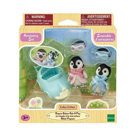 This Calico Critters Penguin Babies Ride 'N Play playset will be their new favorite! This Calico Critters Penguin Babies Ride 'N Play playset will be their new favorite! Includes standing twin figures Pearl and Rock in coordinated pink and blue outfits with matching googles and blue pushcart vehicle accessory Calico Critters families, twins and triplets include flocked figures that are soft to the touch and perfectly miniature for little hands Twins are dressed in removable detailed clothing, an Calico Critters Toys, Calico Critters Sets, Pink And Blue Outfits, Detailed Clothing, Penguin Family, Calico Critters Families, Calico Critter, Blue Outfits, Baby Pearls