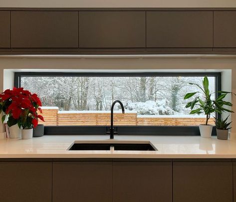 Internal Kitchen Window, Howdens Kitchens, Kitchen Sink Window, Window Kitchen, Black Taps, Black Sink, Kitchen Views, Modern Windows, Picture Windows