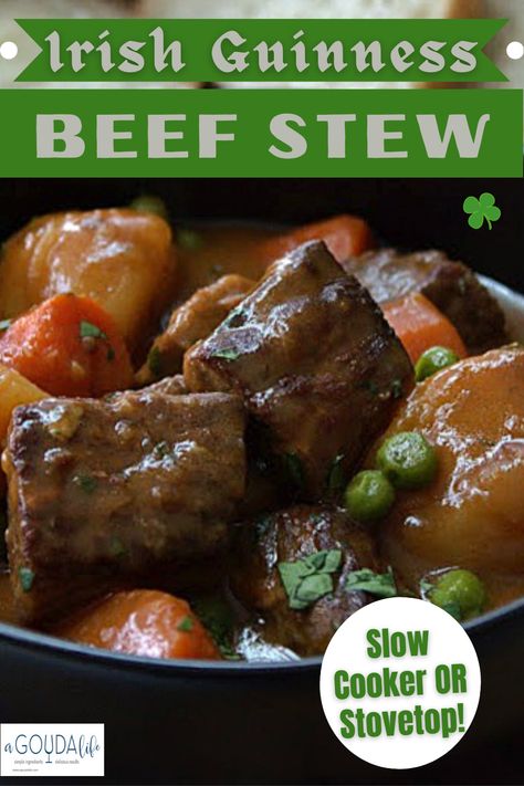 Perfect for St. Patrick's Day or any chilly day! Stovetop OR slow cooker Irish Guinness Beef Stew. Tender beef, vegetables and fresh herbs in a thick, rich beef Guinness gravy loaded with layers of outrageously good flavor! #irishstew #irishbeefstew #irishguinnessbeefstew #guinnessstew #stew #beefstew #irishrecipe #stpatricksday #stpatricksdayrecipe #agoudalife Irish Guinness Beef Stew, Guinness Beef Stew Slow Cooker, Beef Stew Dinner, Guinness Stew, Guinness Beef Stew, Irish Beef Stew, Irish Beef, Flavored Beer, Irish Stew