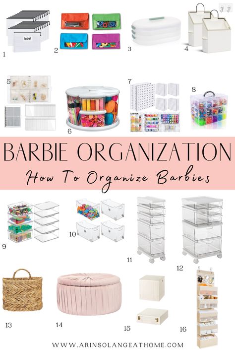 Tips and ideas for how to organize and store babies and barbie stuff! Ideas for you and your little girl. Barbie Storage Ideas Kids Rooms, Barbie Organization Ideas, Barbie Storage Ideas, Organize Barbies, Playroom Toy Storage Ideas, Storage Ideas For Kids, Girl Toy Storage, Easy Storage Ideas, Barbie Storage