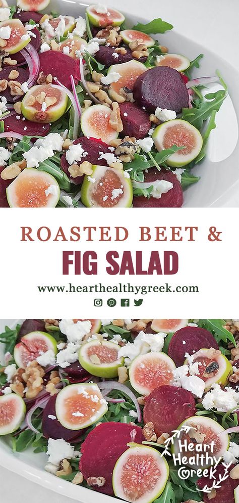 This recipe for Roasted Beet and Fig Salad is perfect for Fall. It has a base of peppery arugula topped with nutritious beets, sweet figs, and drizzled with a tangy balsamic vinaigrette. #beetsalad #beetrecipes #saladrecipes #salads #figs Grilled Fig Salad, Plant Based Fig Recipes, Salad With Fig Balsamic Dressing, Salad With Fresh Figs, Salads With Fresh Figs, Fresh Fig Salad Recipes, Beet Caprese Salad, Dried Fig Salad, Fig Recipes Dinner