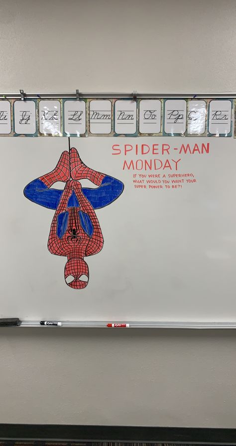 Spider Man Whiteboard Drawing, Monday Whiteboard Ideas, White Board Writing Prompts, Monday Whiteboard, Monday Morning Message, Whiteboard Activities, Whiteboard Prompts, Whiteboard Messages, Whiteboard Art