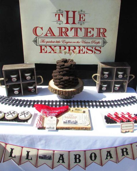 Vintage Trains Birthday Party Ideas | Photo 3 of 10 | Catch My Party Train Baby Shower Theme, Vintage Train Birthday Party, Vintage Train Party, Train Baby Shower, Train Theme Birthday Party, Polar Express Party, Vintage Trains, Decorações Com Comidas, Train Theme