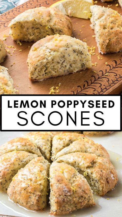 Easy Lemon Poppy Seed Scones are soft, moist scones filled with poppy seeds and freshly grated lemon zest, drizzled with a delicious lemon glaze. This classic scone recipe with bright lemon flavors pairs perfectly with your morning coffee, afternoon tea, and is a wonderful addition to a brunch menu or Sunday breakfast. Lemon Poppyseed Scones Recipe, Lemon Poppyseed Scones, Classic Scones, Lemon Poppy Seed Scones, Lemon Scones, Gf Baking, Cream Scones, Lemon Poppy Seed, Biscotti Recipe