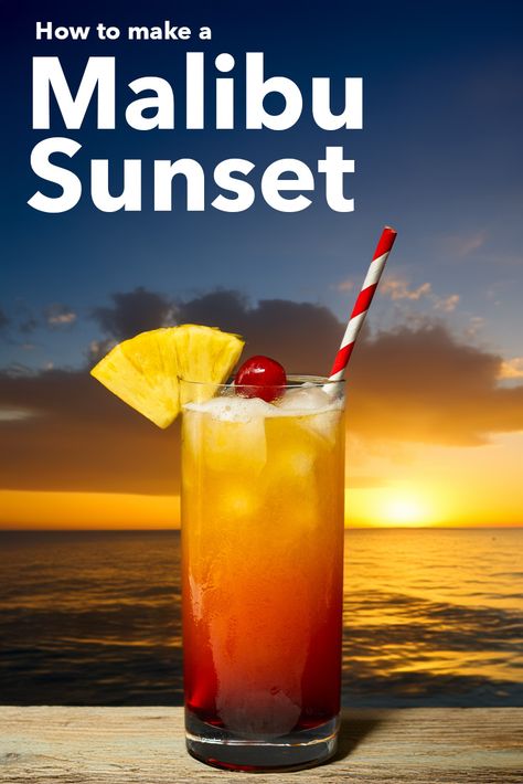 Pinterest image: photo of a Malibu Sunset with caption reading "How to make a Malibu Sunset" Beachy Cocktails, Malibu Sunset Cocktail Recipe, Malibu Sunset Cocktail, Coconut Rum Cocktails, Sunset Cocktail Recipe, Rum And Orange Juice, Grenadine Cocktail, Coconut Rum Drinks, Cocktails Summer