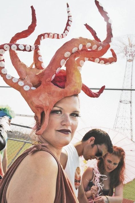 coney island mermaid parade costumes - Google Search Coral Skeleton, Marine Costume, Octopus Costume, Octopus Hat, Mermaid Parade, Dinosaur Hat, Skeleton Couple, Crazy Hat Day, Costume Works