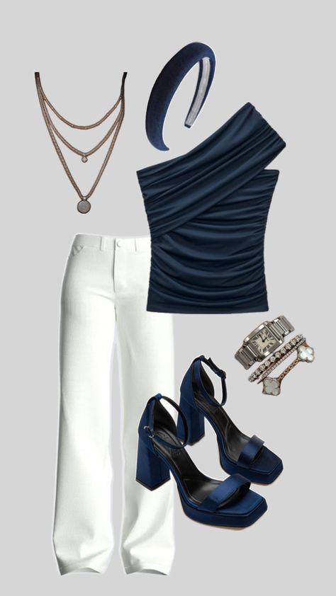 Old Money Outfits Navy Blue, Blue And White Outfit Ideas For Party, Old Money Heels, Dark Blue Outfit Ideas, Chic Blue Silk Top, Dark Blue Outfit Aesthetic, Chic Blue Top With Bow, Luxury Blue Silk Tops, Chic Fitted Blue Off-shoulder Top