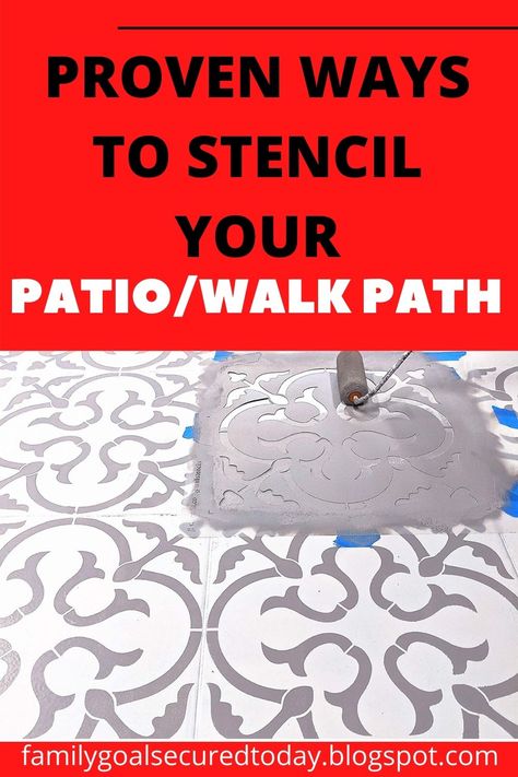 Sidewalk Stencil Ideas, Stenciled Pavers Stepping Stones, Stenciled Outdoor Steps, How To Stencil Concrete Patio, Stenciled Sidewalk, Outdoor Patio Stencil Ideas, Flagstone Stencil Concrete, Paint Concrete Patio Stencil, Stenciled Porch