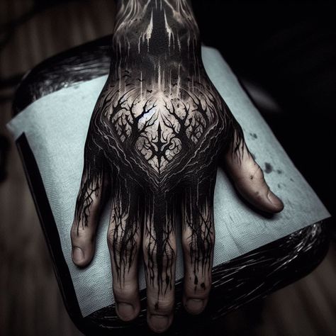 Gothic Hand Tattoo Designs, Creepy Shoulder Tattoo, Forest Hand Tattoo, Vampire Hand Tattoo, Dark Japanese Tattoo, Gothic Tattoo Sleeve, Trippy Tattoo Ideas, Egyptian Eye Tattoos, Trippy Tattoo