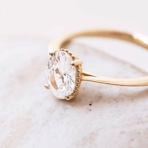 Laura Preshong | Wedding Rings’s Instagram photo: “Callista... features a Knife-edge band and a delicate band of beading around the center stone. Shown in 14k recycled royal yellow gold set…” Moissanite Wedding Set, Oval Cut Moissanite Engagement Ring, Royal Yellow, Oval Moissanite Ring, Gold Promise Rings, Moissanite Engagement Ring Solitaire, Blood Diamond, Promise Ring Gift, Yellow Gold Setting