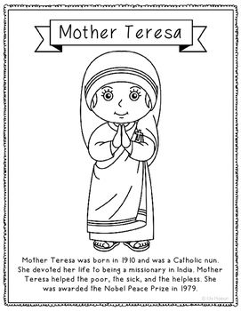 Mother Teresa Coloring Page or Poster. Makes a great addition to history interactive notebooks or research unit! Each page has a short biography of the figure represented. Plenty of open space surrounds the picture to add in your creativity. Or the figure can be colored and cut out for your class projects! Mother Coloring Pages, Body Coloring Pages, Saint Mother Teresa, Body Coloring, Reading Tree, History Classroom, Read Alouds, Catholic Kids, School Worksheets