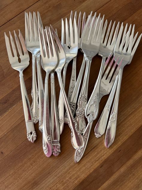 Mismatched Flatware, Vintage Antique Wedding, Wedding Tea Party, Bridal Luncheon, Vintage Flatware, Wedding Tea, Dessert Fork, Wedding Reception Tables, Antique Wedding