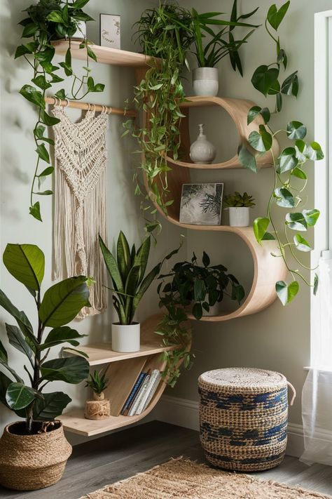 Enhance your home with a cozy boho-inspired corner. Curving wooden shelves, tropical greenery, and macrame details bring warmth and natural charm. #BohoDecor #CozyCorners #TropicalVibes #MacrameLove #WoodenShelves #BohemianStyle #PlantLovers #HomeInspiration #BohoChic #LushLiving Bamboo Living Room Ideas, Plant Wall Ideas Indoor, Plant Room Aesthetic, Boho Corner, Boho Plants, Tropical Greenery, Cozy Boho, Corner Design, Boho House